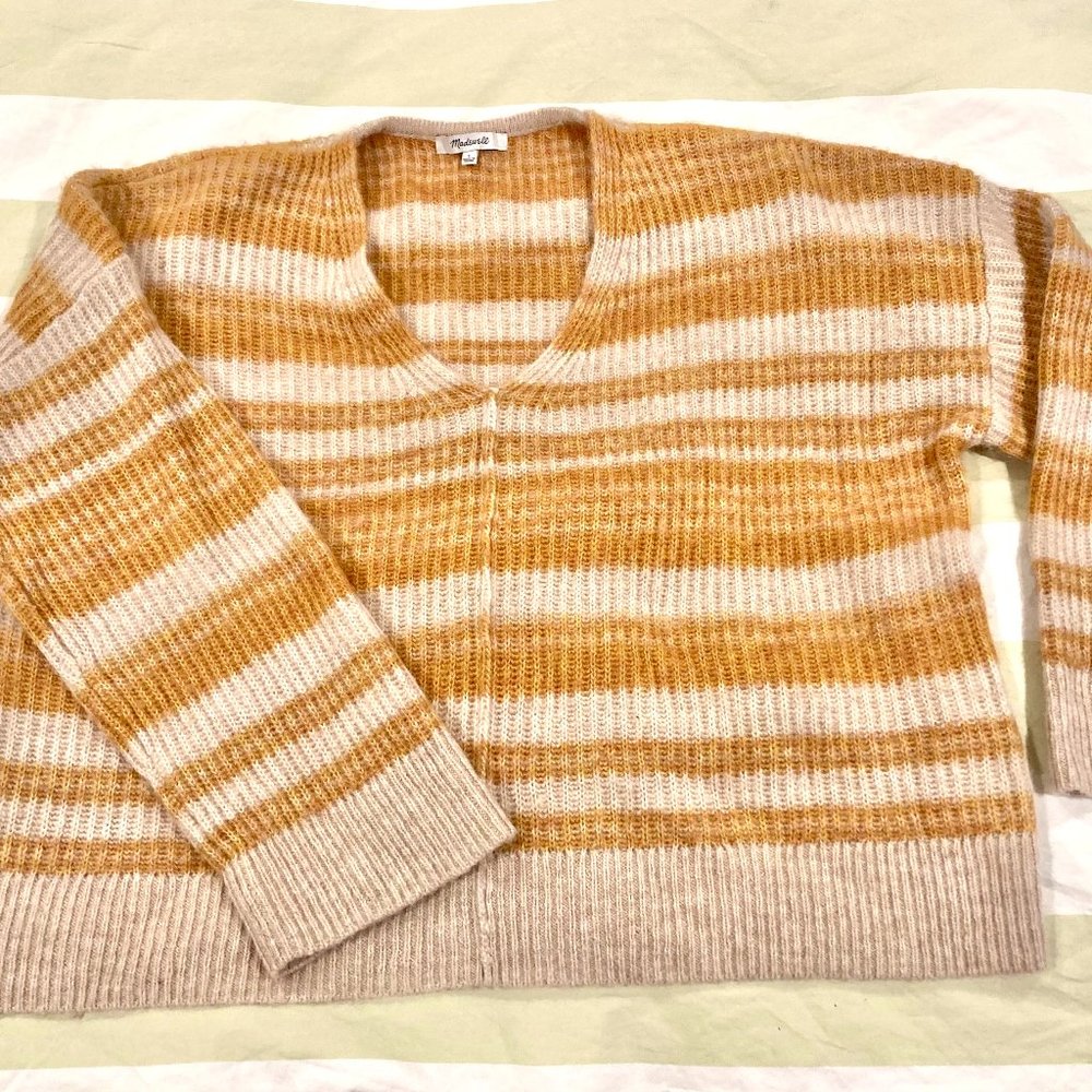 Madewell Juniper Stripe Space Dye Ribbed V-Neck Alpaca Sweater, Pullover, Large